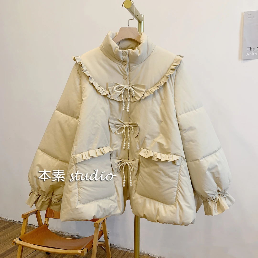 C3169串珠蝴蝶结木耳边立领棉衣