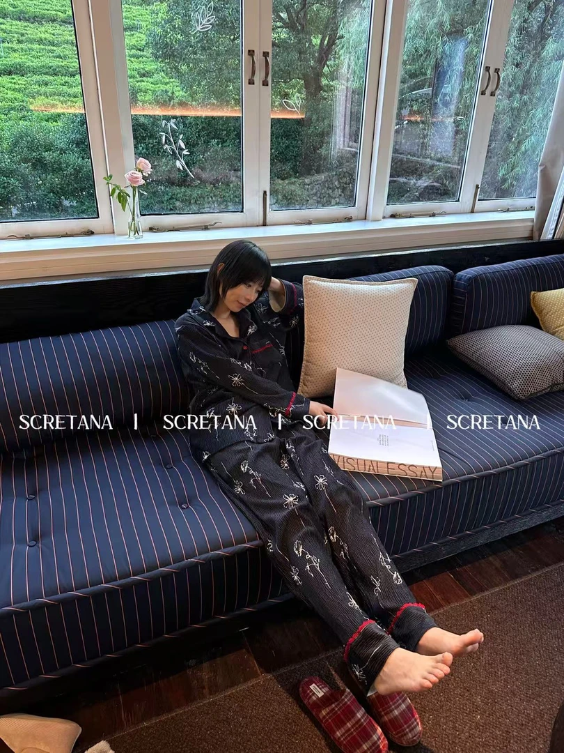 SCRETANA/安娜的秘密蓝色杜丽复古奢华蕾丝经典家居服睡衣套装