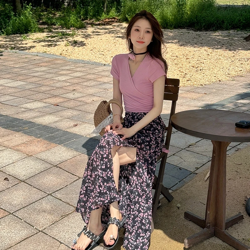 壹壹【如梦生花】法式绑带T碎花开叉半身裙套装 2404Z04 GAGAZHANG