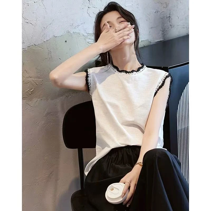 105#设计感钩花花边圆领无袖衬衫上衣【A1-2】