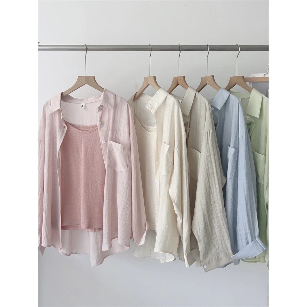 薄款韩系翻领小众短款长袖衬衫夏季上衣宽松百搭防晒外套内搭衬衣