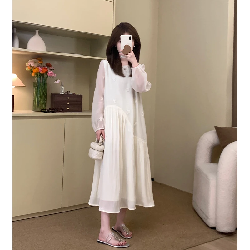 FUGUI RICH小个子纯色连衣裙中长款设计感刺绣仙女裙 26241L6832
