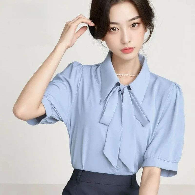 KALUOLAI/卡洛莱新款衬衫女夏季短袖蝴蝶结衬衫职业洋气通勤衬衣