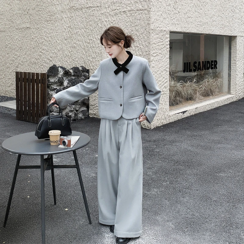 高智感极简风毛呢套装裤2025秋冬新款韩系ins通勤风松弛感两件套