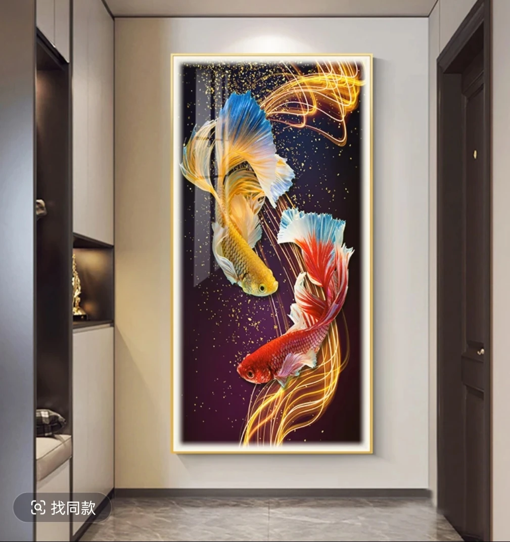 轻奢入户玄关锦鲤镶钻晶瓷装饰画走廊过道挂画