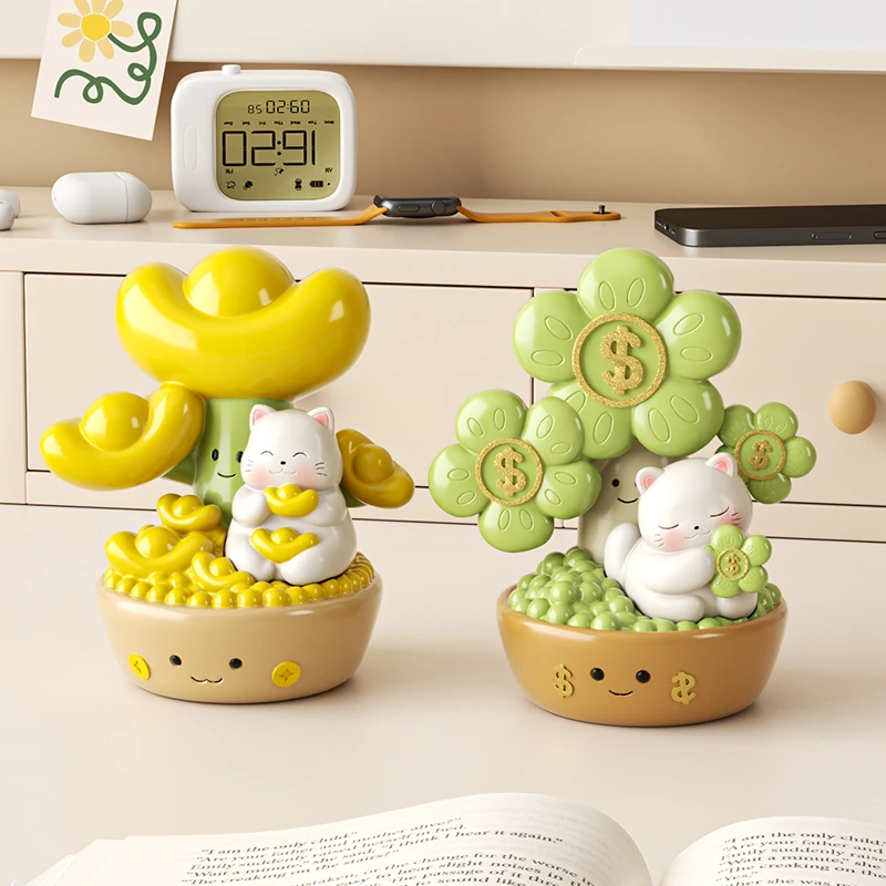 放青松发财树招财猫创意摆件工位办公室桌面客厅柜装饰品生日礼物