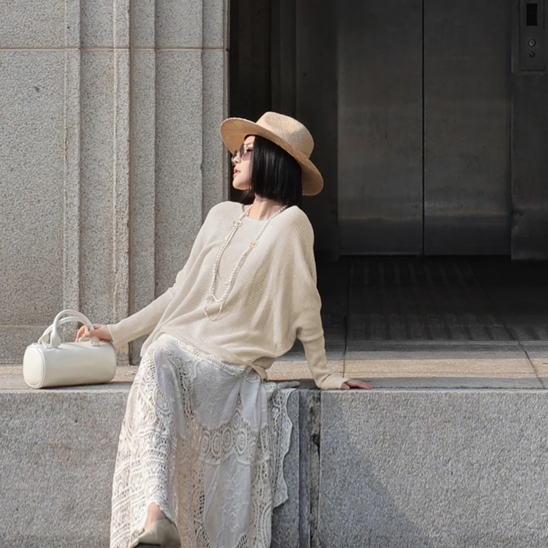 溶溶T【粉雾星光】RONGRONG 莱赛尔亚麻混纺蝙蝠袖针织衫C-L206761