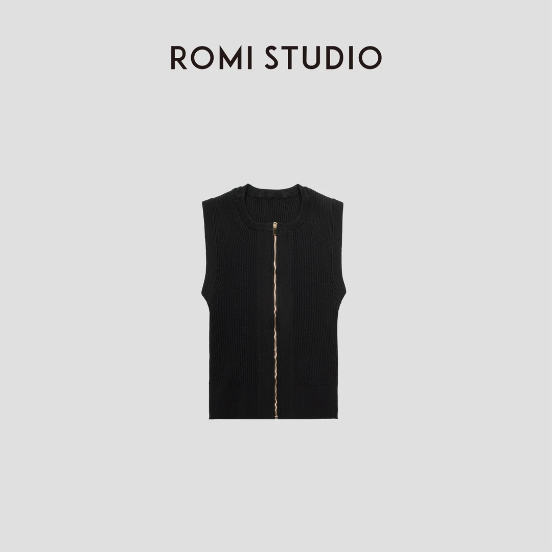 ROMI STUDIO“内外兼备”简约修身坑条拉链圆领无袖针织背心M3874