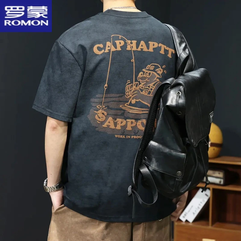 罗蒙重磅短袖t恤男士夏季高级感宽松潮牌半袖印花体恤纯棉上衣服