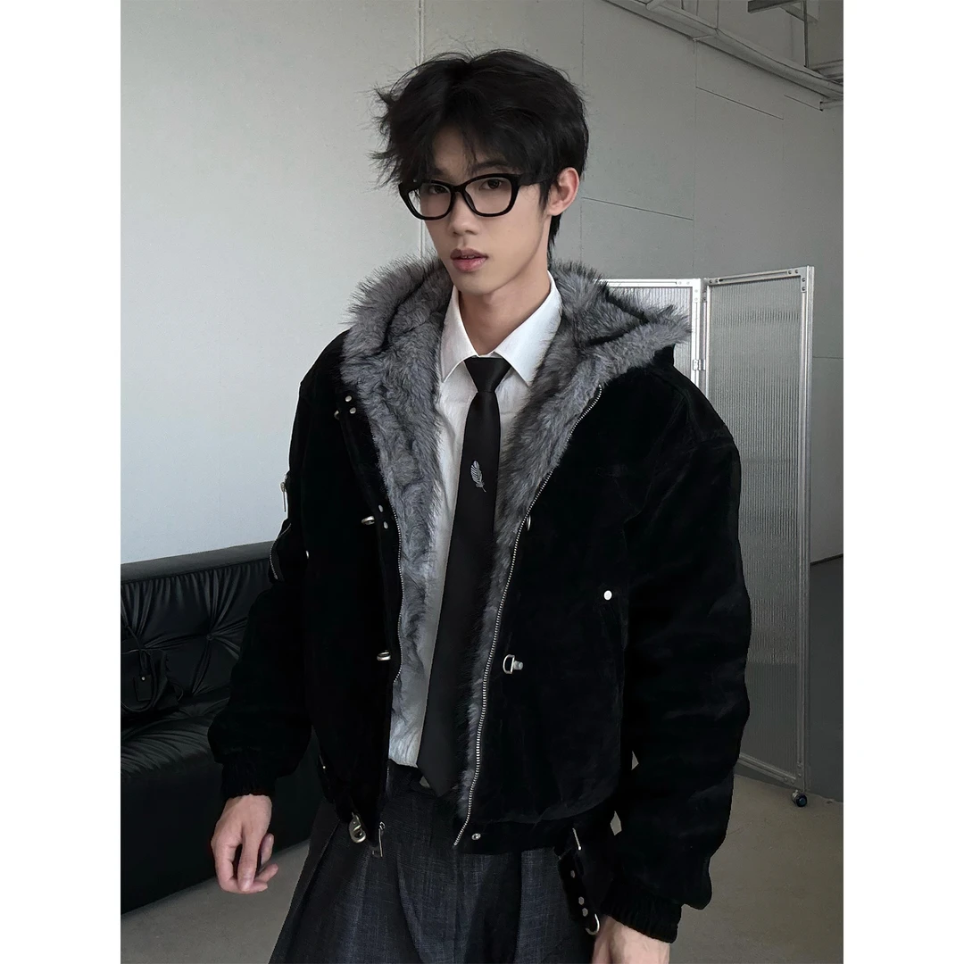 SYRI 复古飞机扣麂皮绒毛领连帽绑带座山雕棉服解构棉衣外套男女