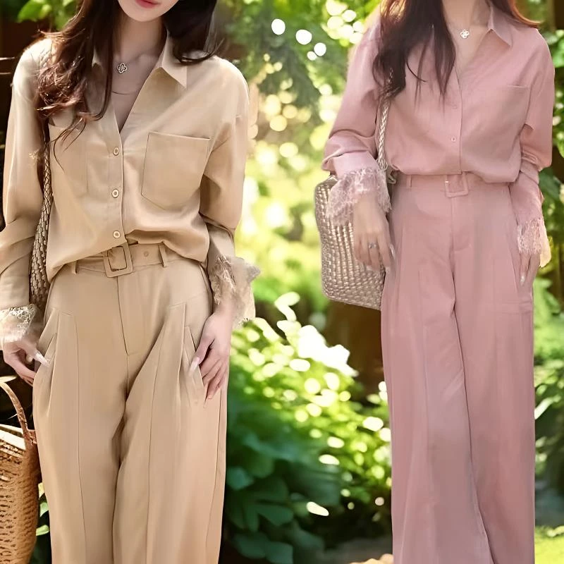 女装春夏蕾丝拼接防晒衬衫阔腿裤休闲套装气质减龄出游服装女