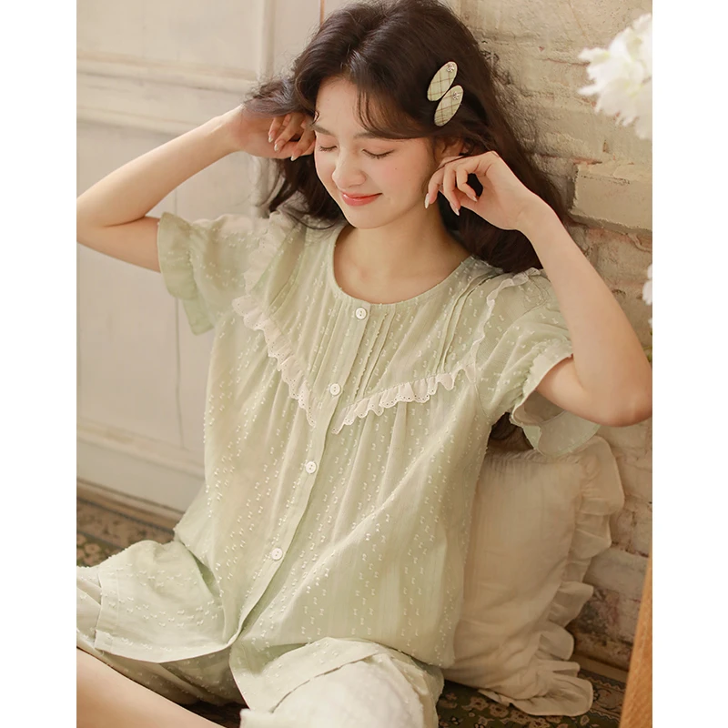 春夏纯棉睡衣女薄款短袖五分裤套装剪花双层棉纱家居服MS256153