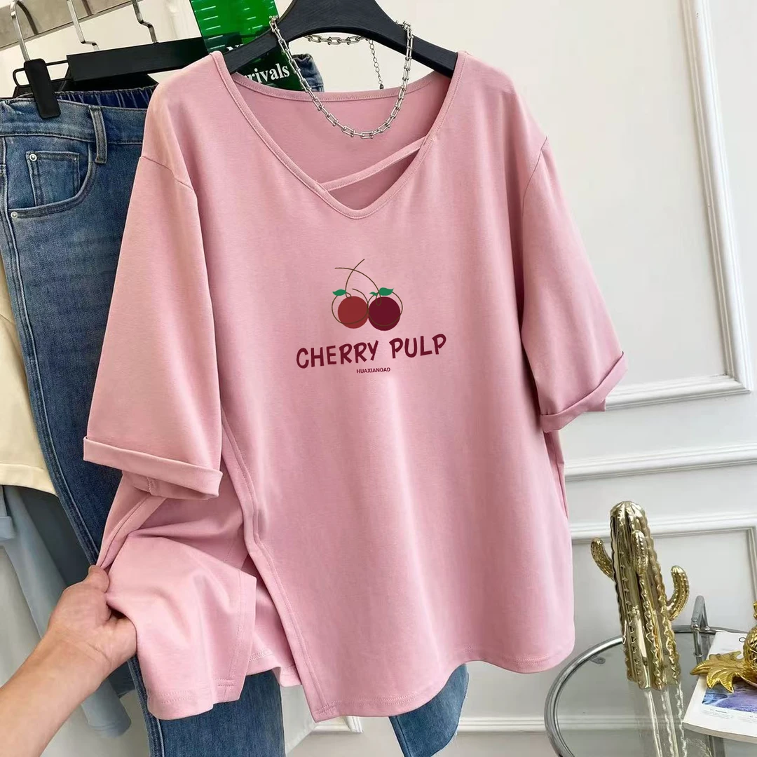 胖mm大码设计感V领不规则开叉正肩短袖t恤女2025夏季时尚显瘦上衣