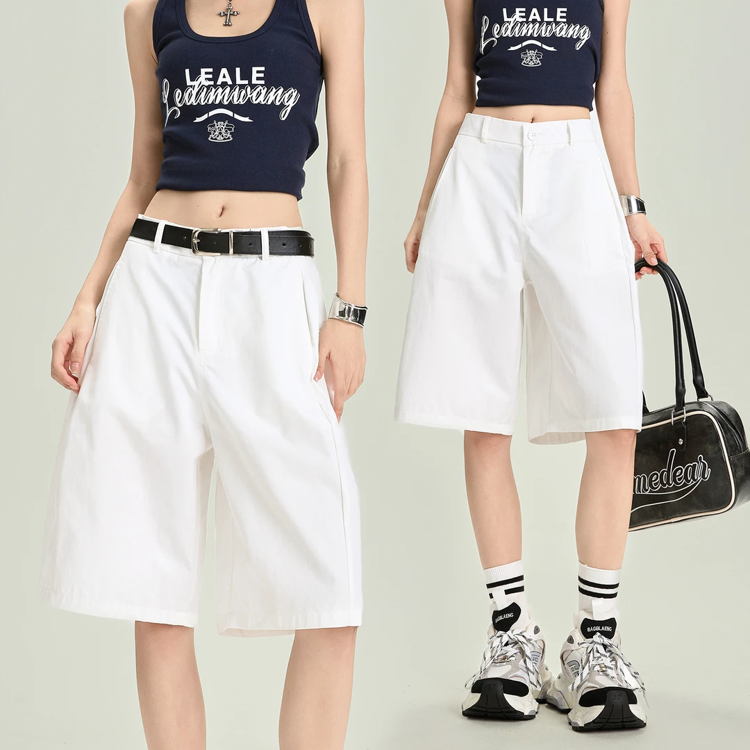 2025夏季直筒纯色时尚休闲款五分花苞百搭高腰宽松显瘦工装短裤女