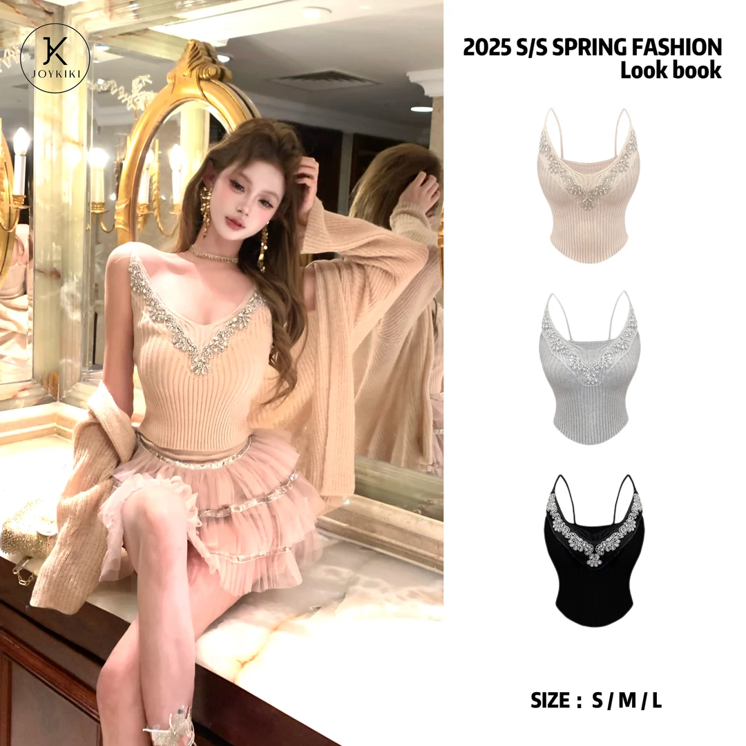 JOY KIKI金金【慵懒穿搭】满钻拼接设计V领吊带上衣J25A119