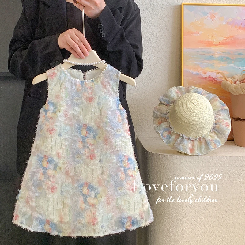 夏”七月花都系列”女童无袖扎染流苏网纱连衣裙25X086