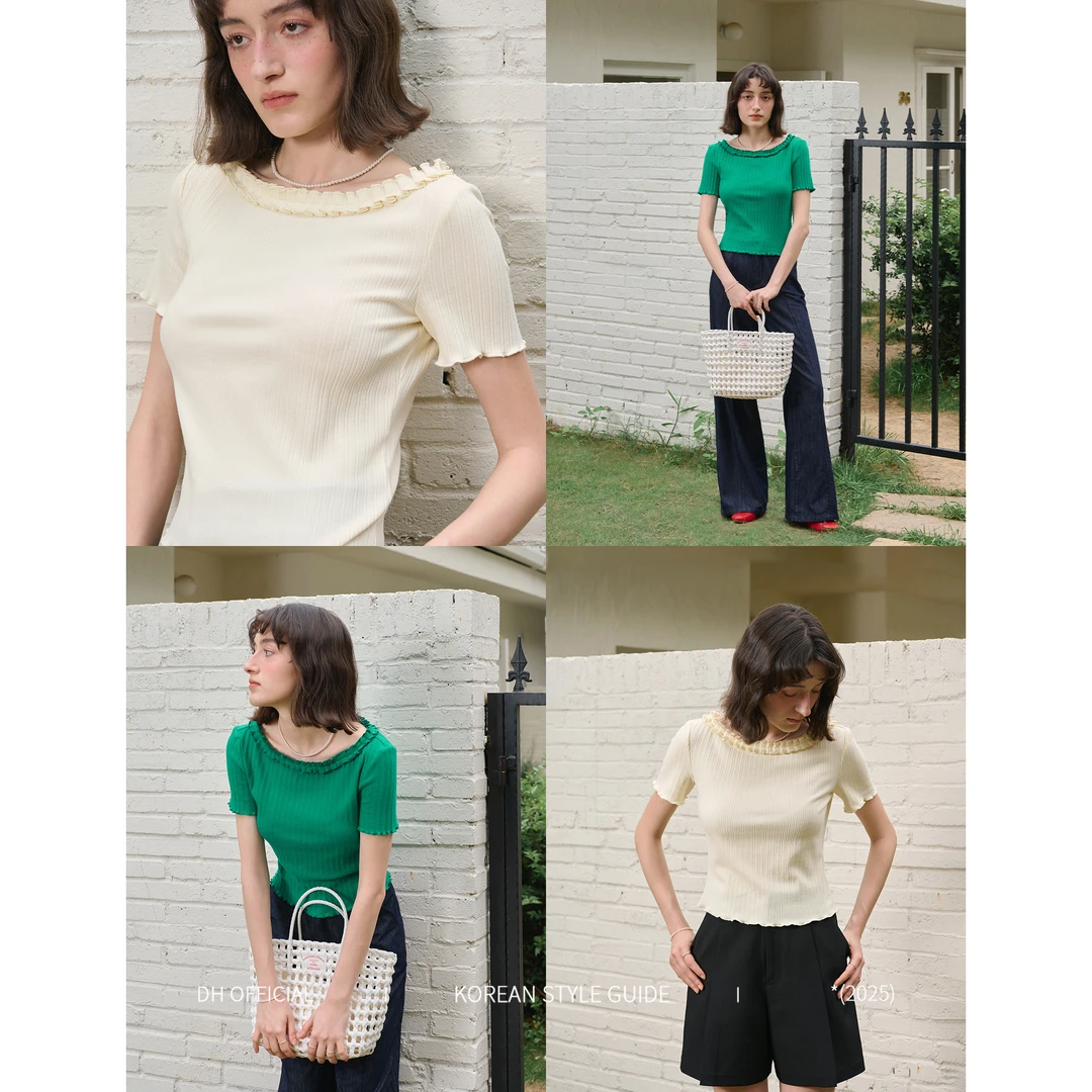 清 DH OFFICIAL 大花【抹茶白兰 tops】气质时尚显白条纹设计感T恤