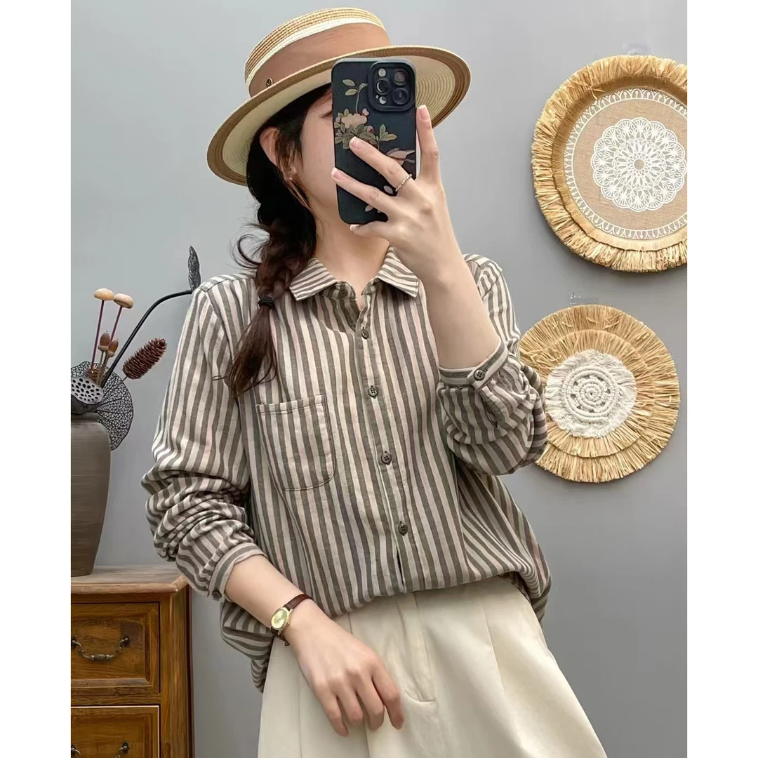 春秋款女士双层棉纱色织条纹衬衫百搭文艺休闲翻领竖条纹衬衣P32