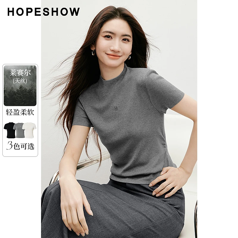 红袖2025春季新款女装 刺绣标抽褶收腰套头中袖针织衫90125090106