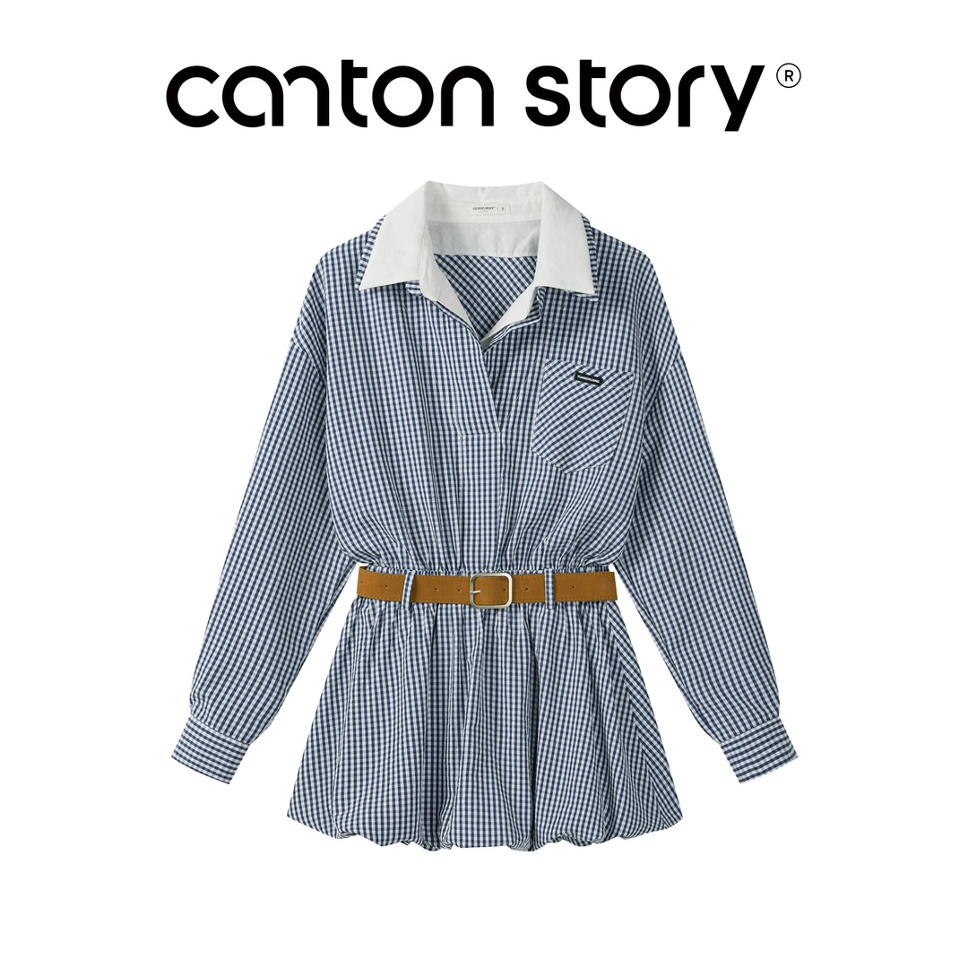 羊城故事-格纹翻领长袖衬衫连衣裙新款别致小众收腰短裙Y50852444