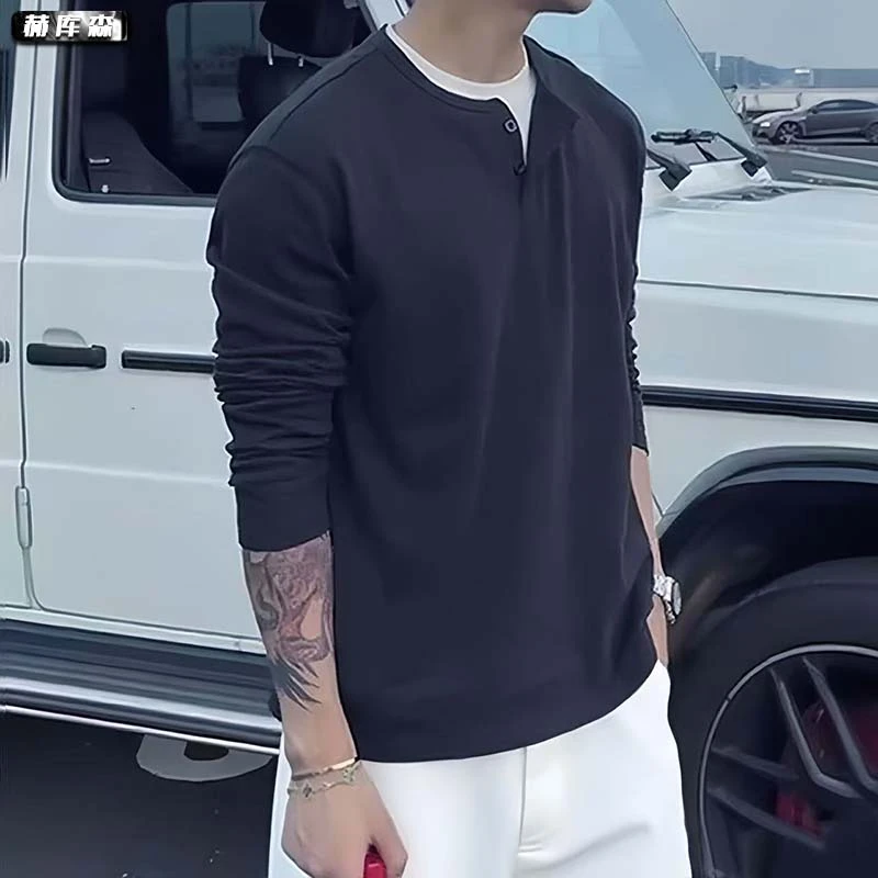 赫库森秋冬季男士日常休闲百搭宽松上衣T恤ins高级感简约纯色长袖