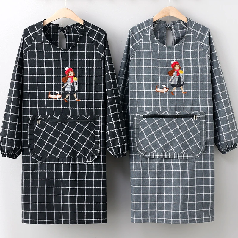 高颜值罩衣老粗布涤棉长袖围裙韩版时尚女刺绣卡通图案大人罩衣防
