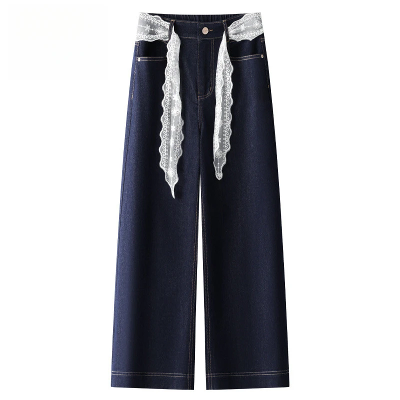 蕾丝腰带阔腿牛仔裤女2025新款夏季薄款小个子九分裤宽松直筒裤子