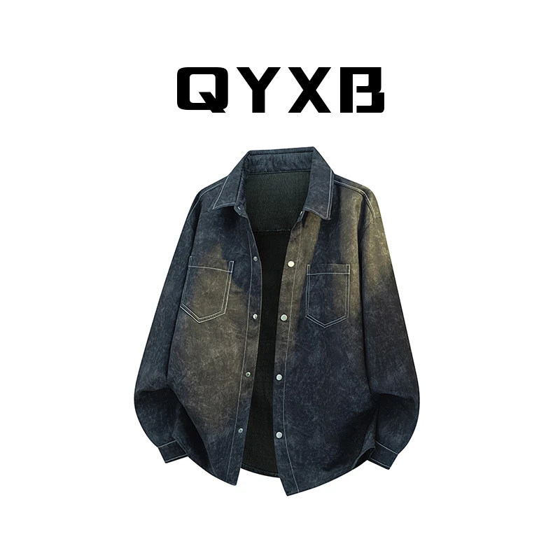 【品牌现货】QYXB大码明线扎染长袖衬衫男士时尚春秋季新款宽松衬衣