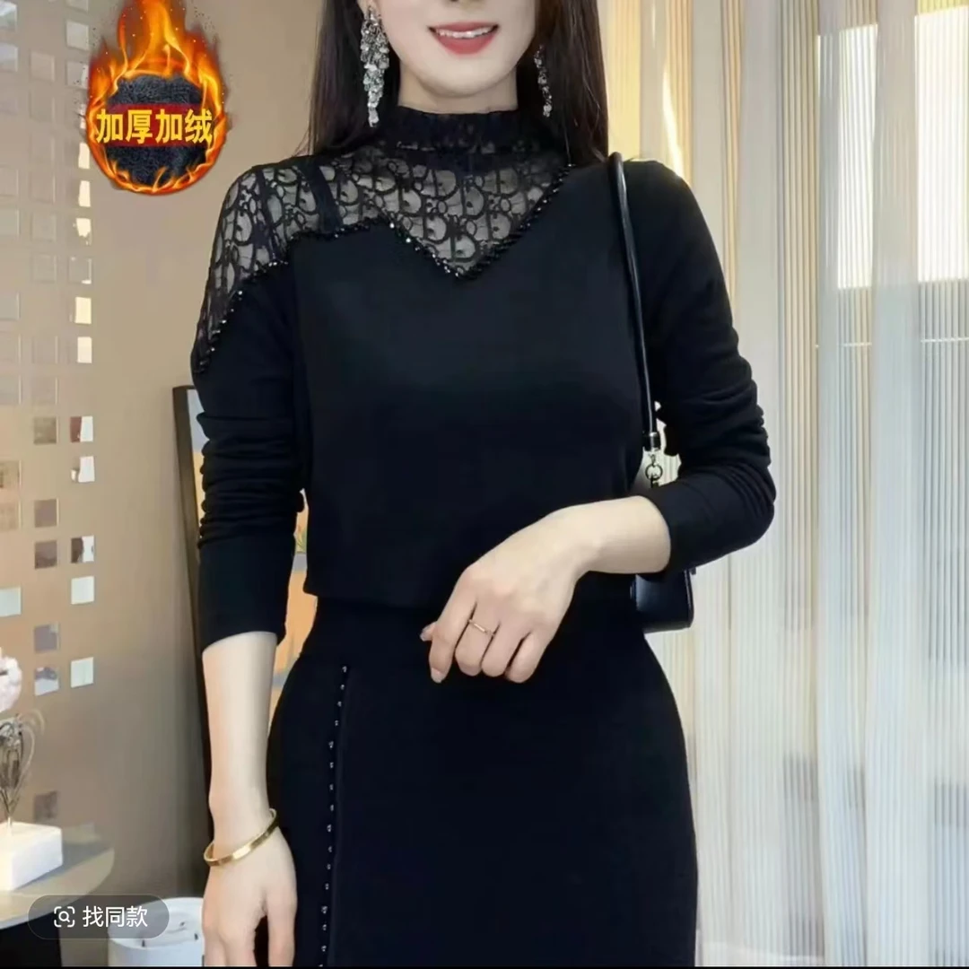 气质妈妈新款时尚打底纯色秋冬高领显瘦长袖镂空双面绒加厚上衣