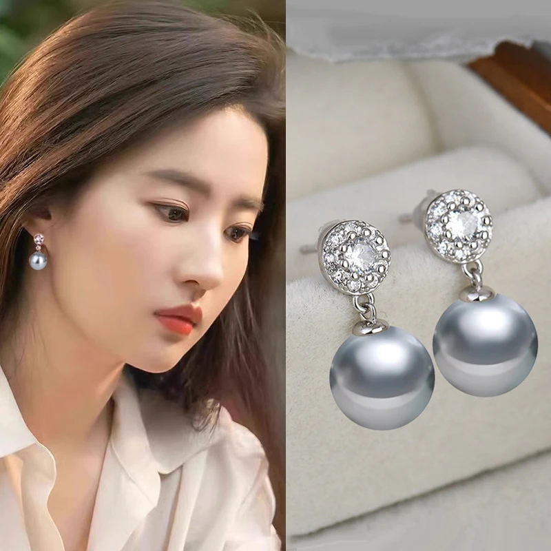 925银仿珍珠耳饰 纯银耳钉轻奢镶钻耳环女百搭首饰品气质网红爆款