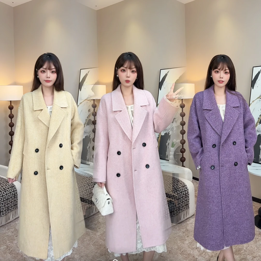【WanQ LiLi】苏力羊驼韩系双排扣毛呢大衣女秋冬粉色长款宽松外套