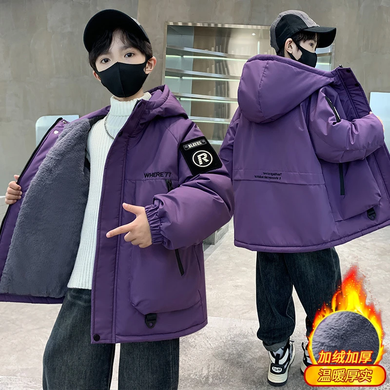 男童加绒派克服2024新款中大男孩加厚棉服帅气儿童秋冬款连帽外套