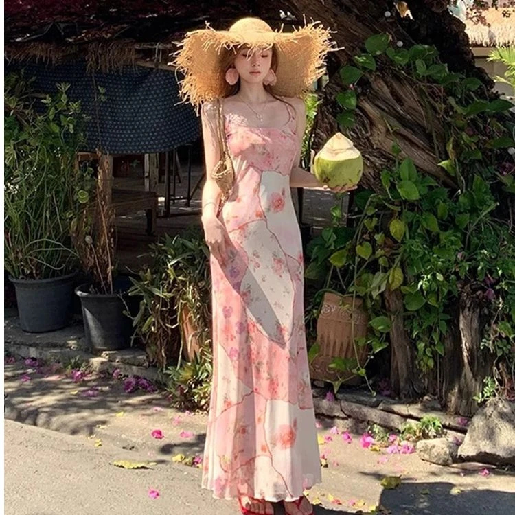 夏天法式浪漫氛围感修身显瘦印花拼接吊带连衣长裙子女春碎花新款