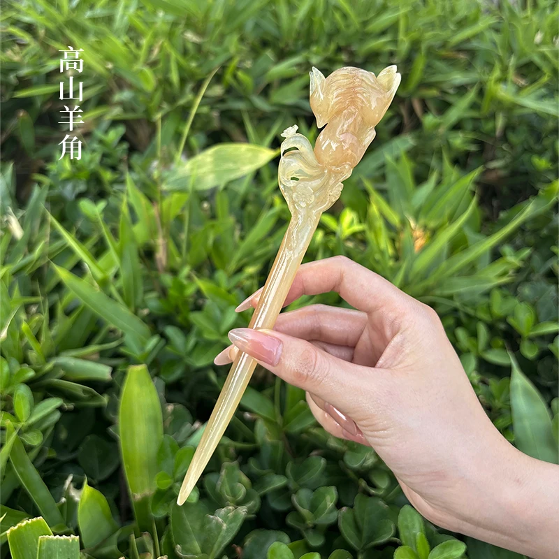 【精雕发簪】高山羊角国潮时尚发饰纯手工盘发九尾狐发钗发簪饰品