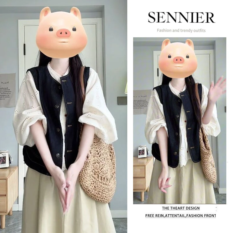 【现货】早秋女装2025新款叠穿长袖衬衫牛仔马甲外套半身裙三件套装