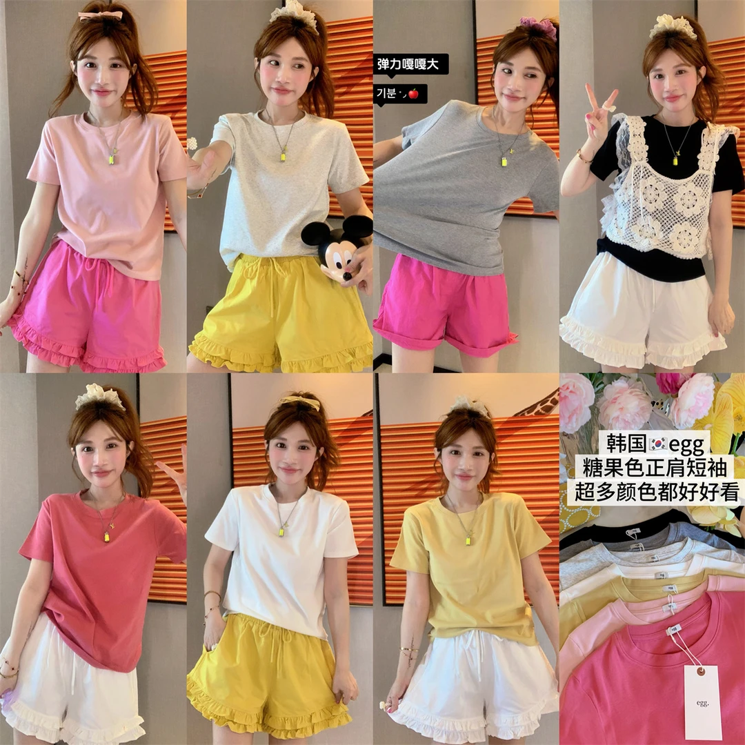 JENNIFER JXLIU自留～韩国夏糖果色圆领egg显瘦弹力正肩精棉短袖