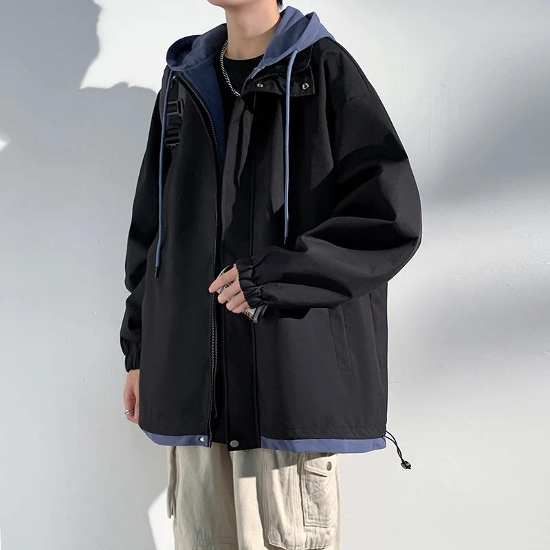 休闲连帽冲锋衣男士假两件百搭宽松青少年夹克韩版港风痞帅潮流
