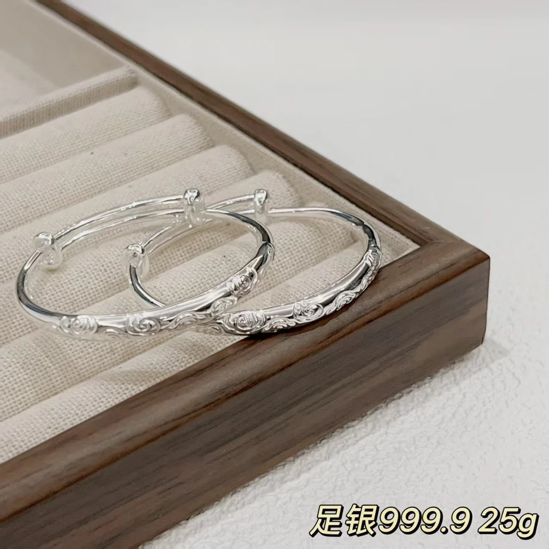 足银手镯 足银999.9宝宝手镯光面镯子小童可爱实心拖拉款可调节