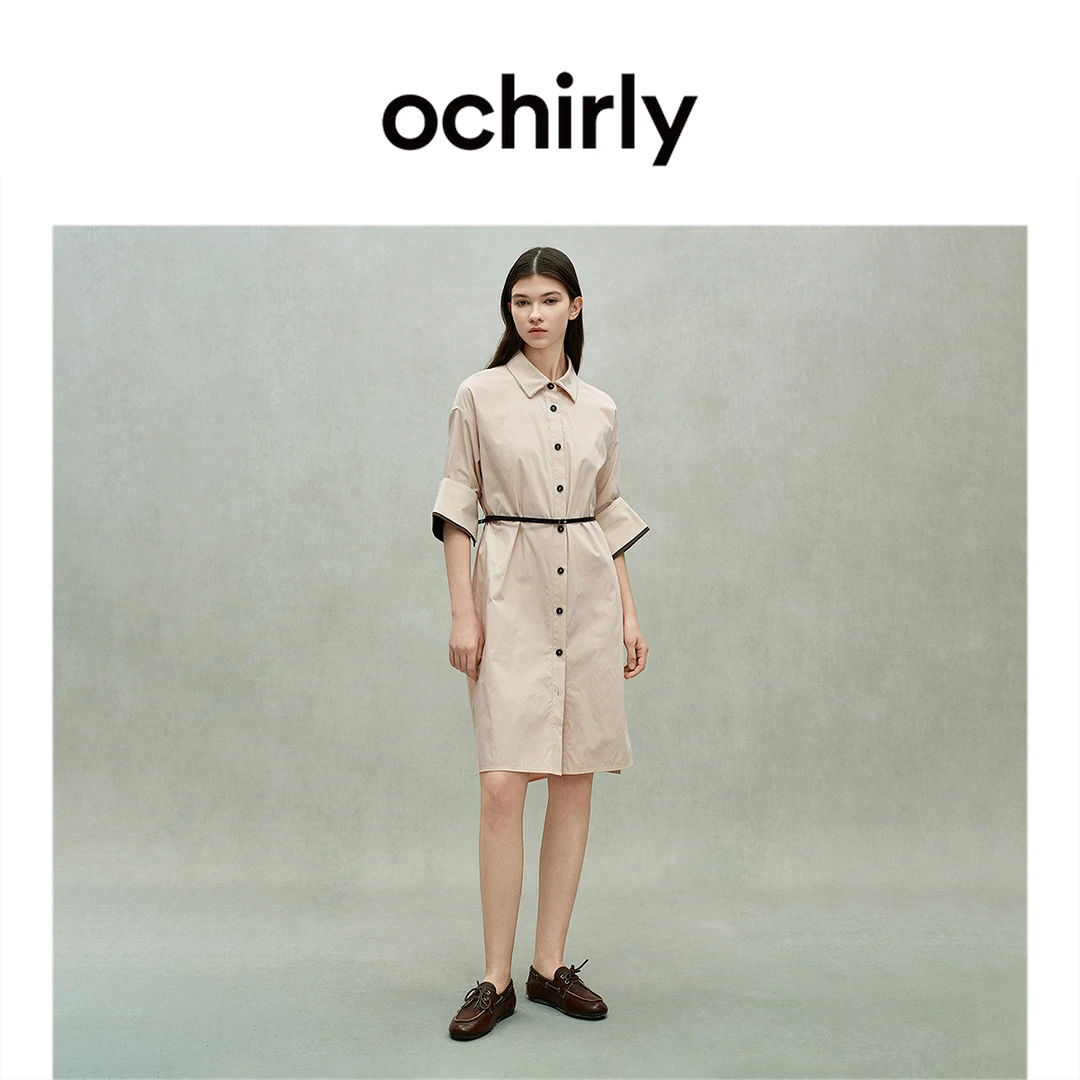OCHIRLY欧时力 不规则衬衫裙连衣裙腰带淡人穿搭度假裙2025夏新品