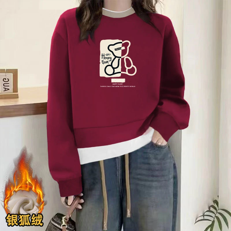 加绒加厚洋气别致显瘦拼接外套女胖mm遮肉华棉圆领假两件套头卫衣