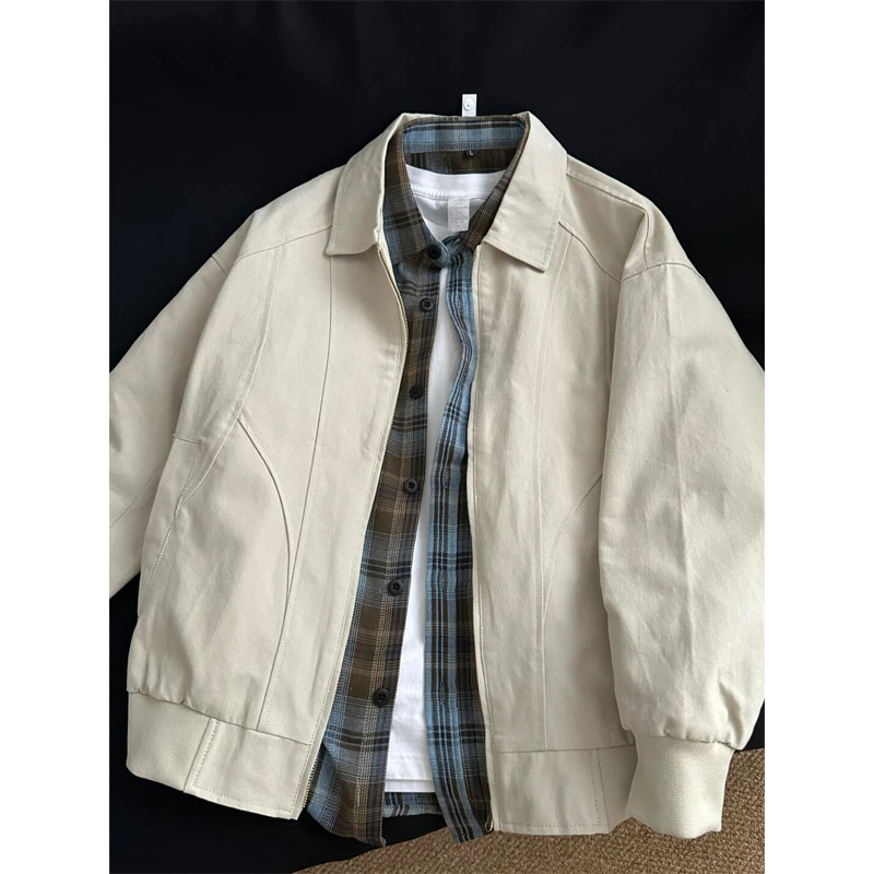 米杏色bomber飞行夹克男款春秋季美式拼接翻领外套叠穿情侣棒球服