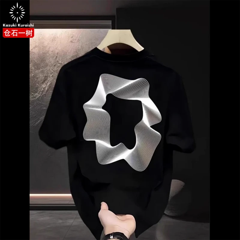 仓石一树几何圆领潮流T恤短袖夏季轻奢休闲百搭印花男t恤短袖