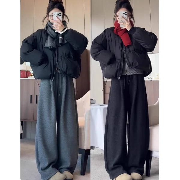 加厚毛呢弯刀裤女秋冬大码胖mm云朵裤宽松休闲垂感显瘦加绒阔腿裤