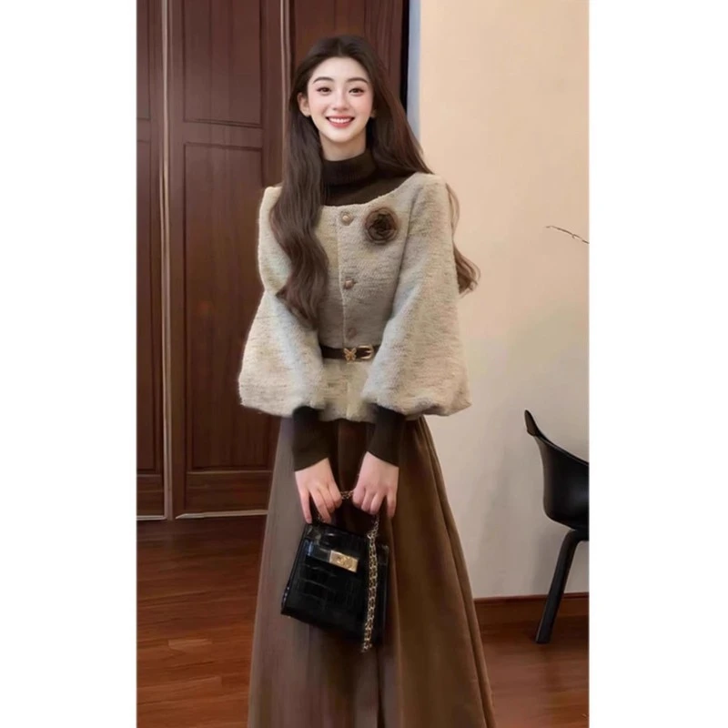 哥弟阿玛施正品气质高级名媛穿搭小香风外套2024秋冬灯笼袖毛呢复