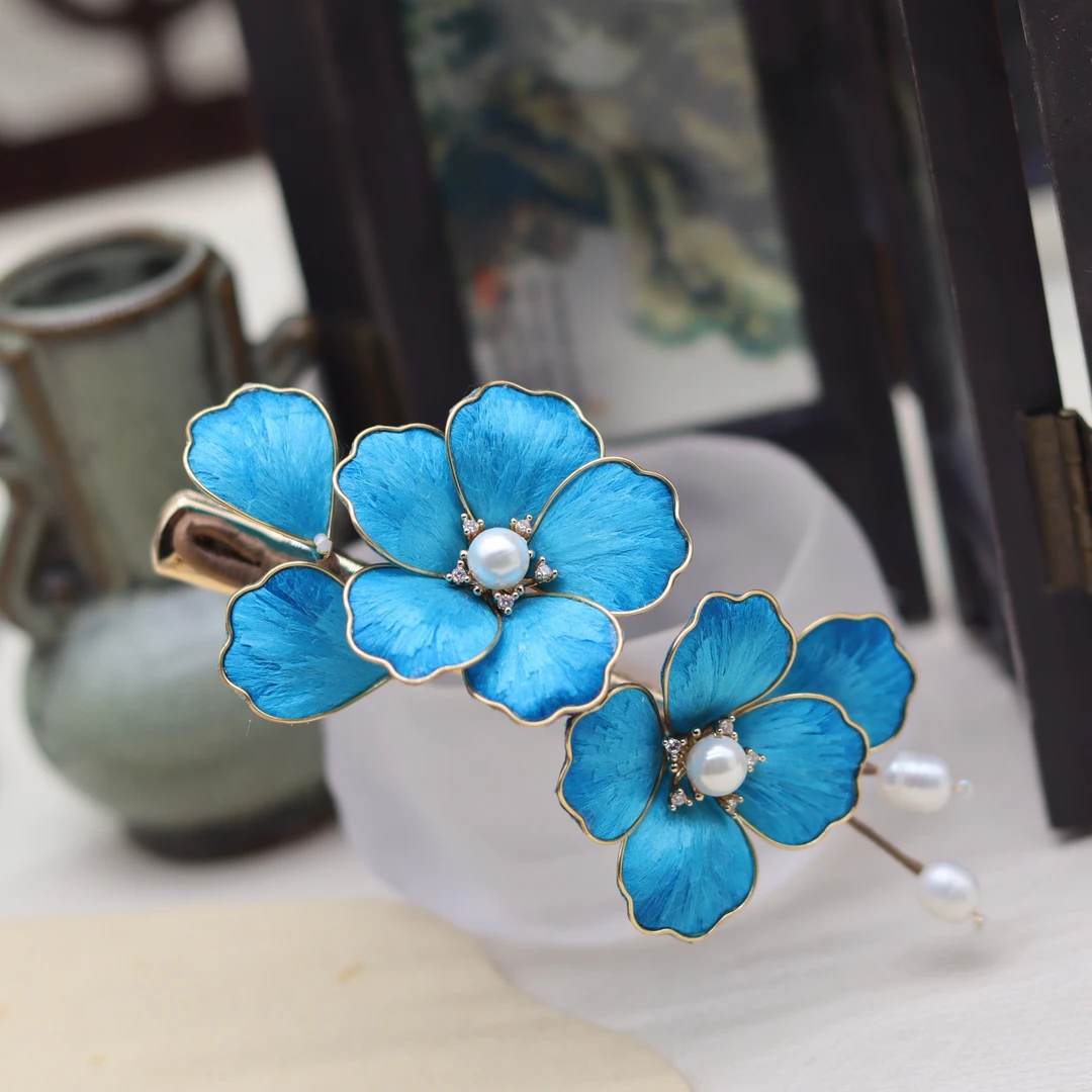 点翠色铜鸭嘴夹掐丝绒花头饰国风边夹鸭嘴夹