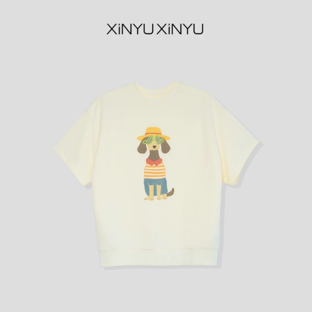 XINYU/芯与夏日俏皮潮酷草帽小狗图案短袖T恤 203308 夏季 印花
