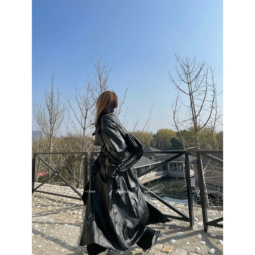 JCCC影子【街头掠影】黑色机能风面料系带长款皮风衣外套JE3ISF10