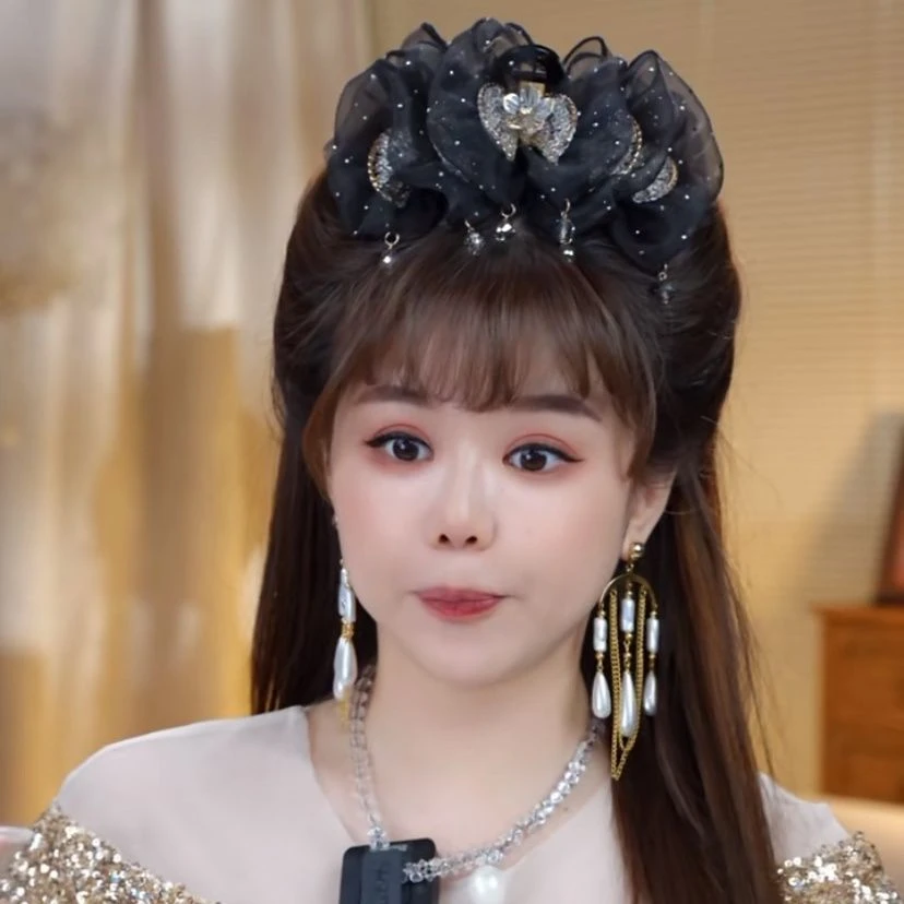 【芙蓉团扇】抓夹团扇纯手工褶皱薄纱发饰晶晶吊坠轻奢小众2527