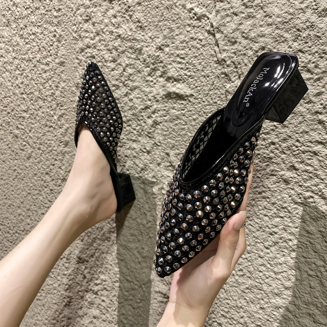 新中式穿搭2025年新款水钻镂空网纱包头半拖女时尚外穿中跟凉拖鞋