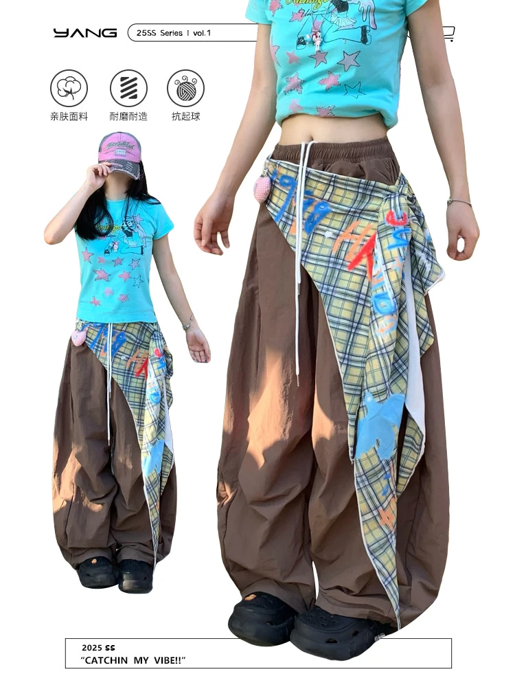 【赠送屁帘】美式复古工装休闲裤女夏季新款褶皱设计高腰宽松阔腿裤